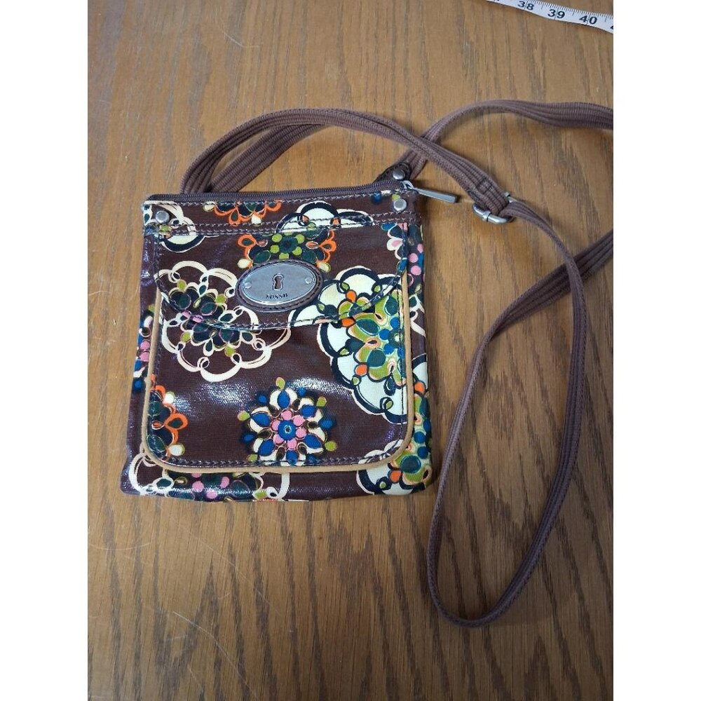 Fossil Key-Per Small Brown Floral Crossbody Bag With Adjustable Strap & Zip Clos